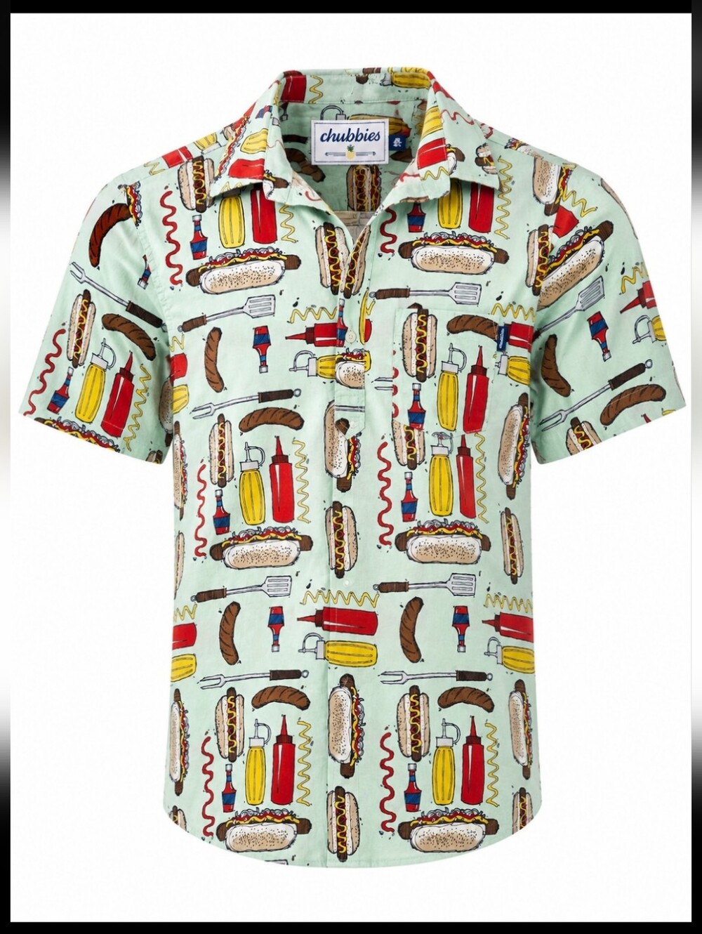 Chubbies BBQ Hot Dog Print Button-Up Camp Shirt Men's Large Mint Green Hawaiian